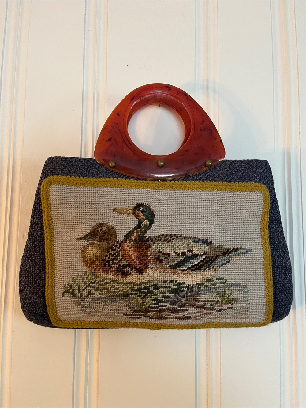 Vintage handmade and hand embroidered duck purse